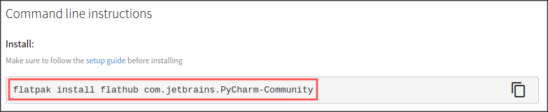 Screenshot from the PyCharm Community Edition page on the Flathub website. It highlights the command needed to install the Flatpak for the PyCharm Community Edition.