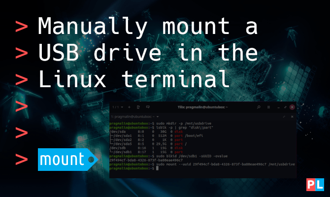 Feature image for the article about how to manually mount a USB drive in the Linux terminal