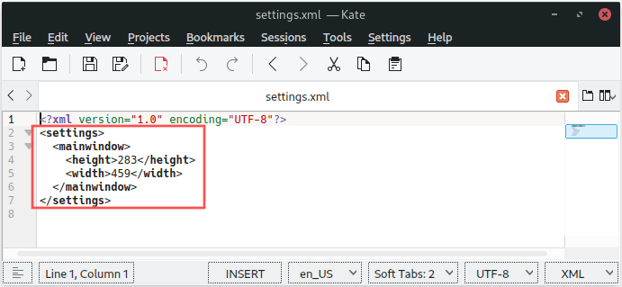 Screenshot of the XML settings file opened in a text editor. It shows that the XML file contents, written by wxWidgets, represent what we designed.