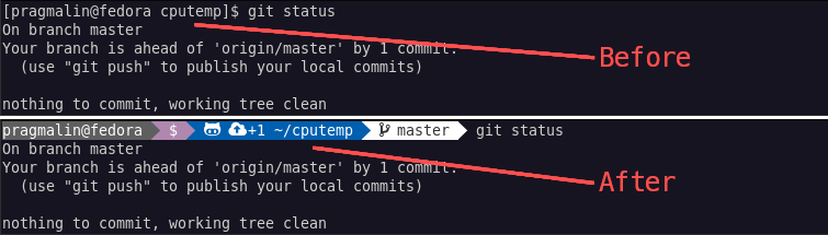 Screenshot comparing the before and after installing fancy-git for showing the Git branch name in the Bash terminal prompt.